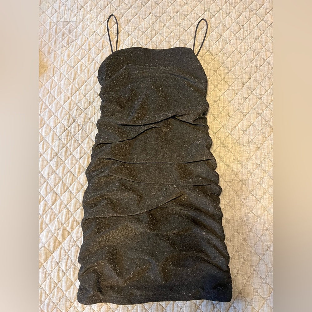 Mini Black Glitter Ruched Dress